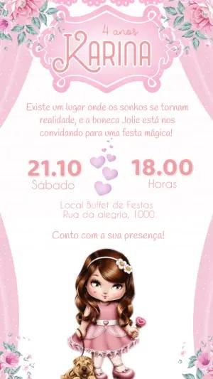 Convite de Aniversário Boneca Jolie Rosa e Floral para Editar
