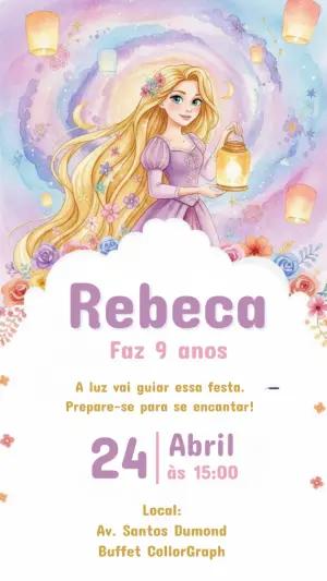 Convite Digital Festa Rapunzel Estilo Aquarela para Editar