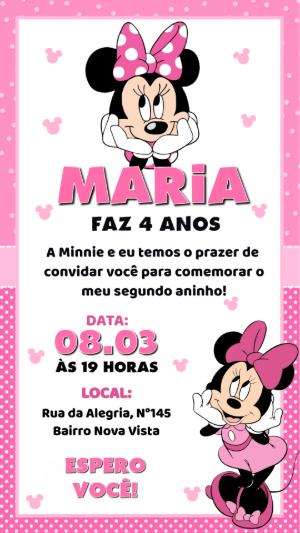 Convite de Aniversário Minnie Rosa Editável para Meninas