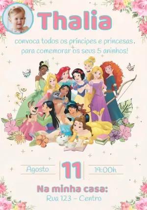 Convite Aniversário Princesas Disney com Foto para Editar Online