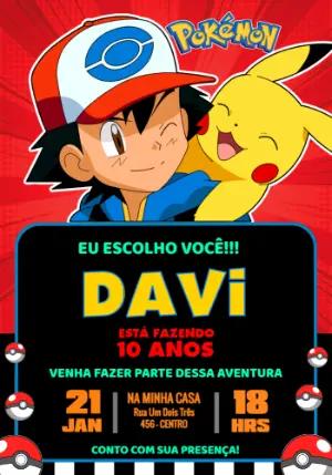 Convite de Aniversário Pokémon com Ash e Pikachu para editar