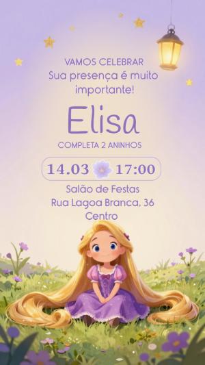 Convite Digital Rapunzel Lilás para Aniversário Infantil Editável