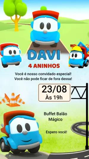 Convite Animado Aniversário Léo o Caminhão para Editar Online