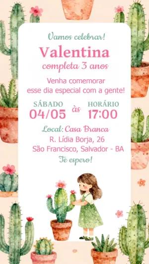 Convite Aniversário Tema Cactos e Suculentas Modelo Editável