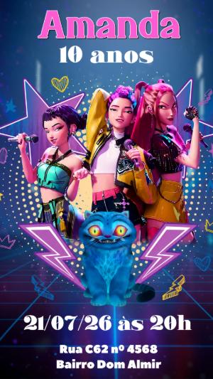 Convite de Aniversário Guerreiras K-Pop para Editar