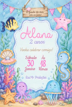 Convite de Aniversário Fundo do Mar Aquarela Editável