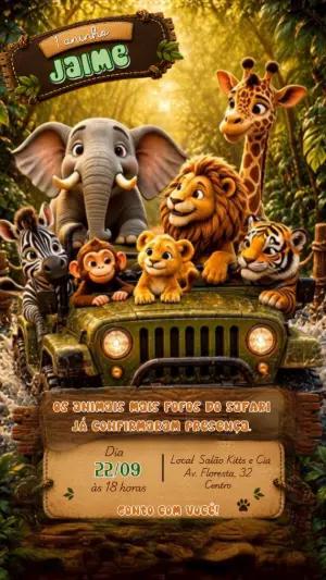 Convite Animado de Aniversário Infantil Tema Safari Editável