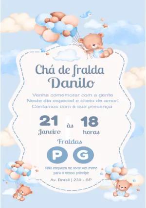 Convite Chá de Fraldas Ursinho Baloeiro para Editar Online