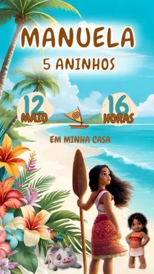 Convite de Aniversário Moana com Personagens para Editar Online