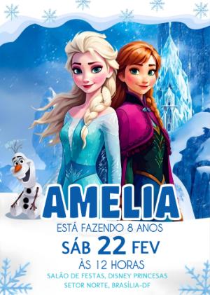 Convite de Aniversário Frozen com Elsa e Anna para Editar Online