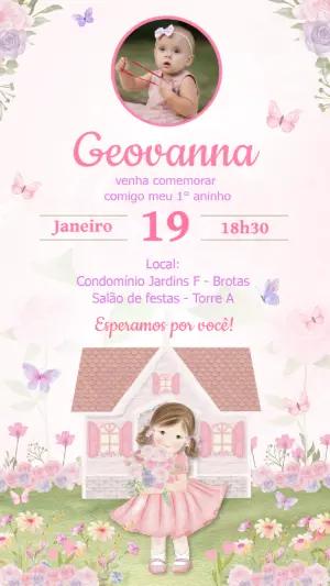 Convite Aniversário Casa de Boneca com Foto para Editar Online
