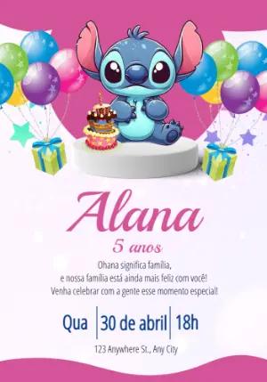 Convite de Aniversário Stitch Rosa para Editar Online