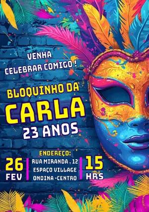 Convite de Aniversário Carnaval com Máscara para Editar Online