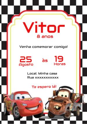 Convite de Aniversário Carros para Editar Online e Imprimir