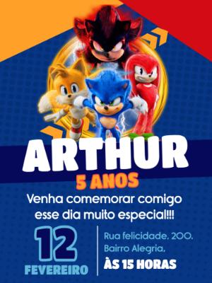 Convite de Aniversário Sonic 3 com Personagens para Editar