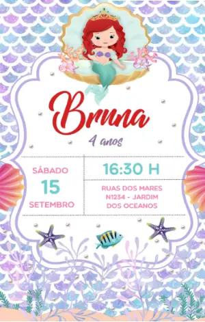 Convite Aniversário Pequena Sereia Ariel para Editar Online