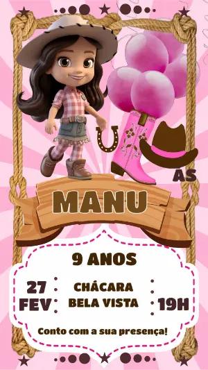 Convite Aniversário Boiadeira Rosa para Editar Online