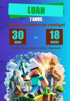 Convite de Aniversário Minecraft com Blocos para Editar Online