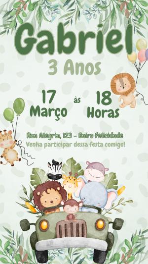 Convite Aniversário Safari com Animais Fofos para Editar Online