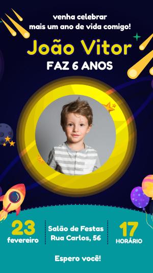 Convite Aniversário Foguete com Foto para Editar Online