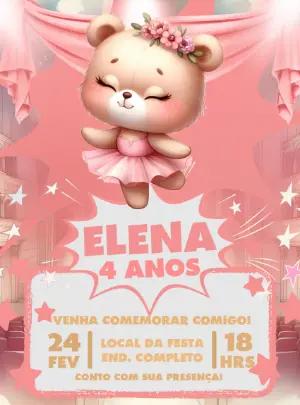 Convite Aniversário Ursinha Bailarina para Editar Online