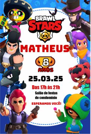Convite Aniversário Brawl Stars com Personagens para Editar Online