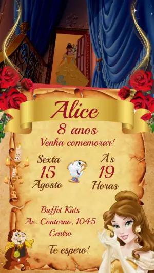 Convite Animado A Bela e a Fera Aniversário para Editar Online