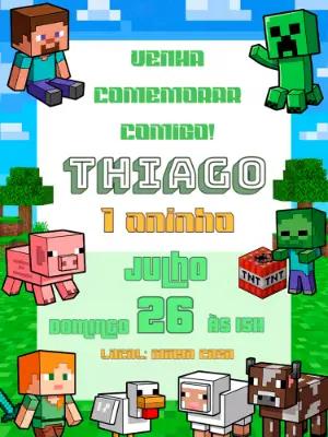 Convite de Aniversário Minecraft Pixelado para Editar