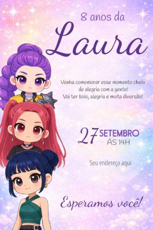 Convite de Aniversário K-pop Chibi Guerreiras Editável