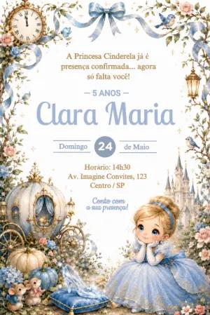 Convite de Aniversário Cinderela Aquarela Editável