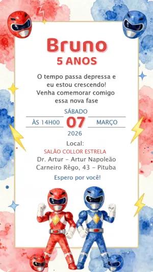 Convite Digital Aniversário Heróis Power Rangers para Editar