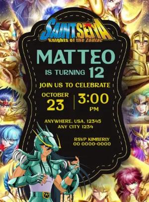Editable Saint Seiya Anime Birthday Party Invitation Template