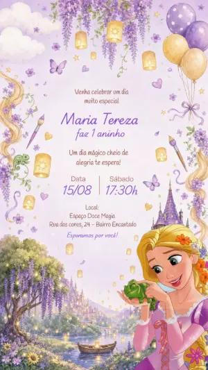 Convite Aniversário Rapunzel Aquarela para Editar