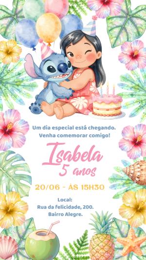 Convite de Aniversário Lilo e Stitch Aquarela para Editar