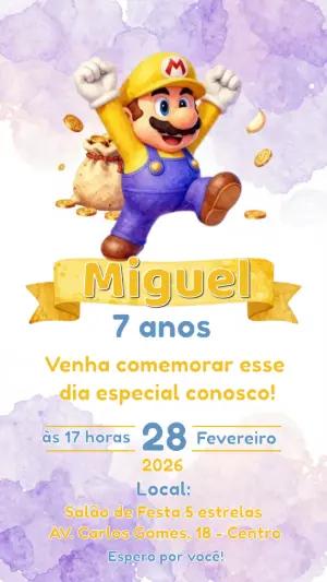 Convite de Aniversário Super Mario Aquarela para Editar