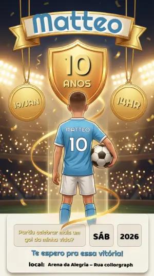 Convite de Aniversário Futebol Dourado Modelo Editável