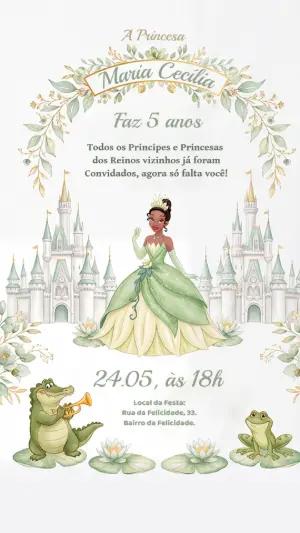 Convite de Aniversário Princesa Tiana Aquarela Editável
