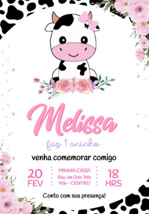 Convite de Aniversário Vaquinha Floral Rosa para Editar
