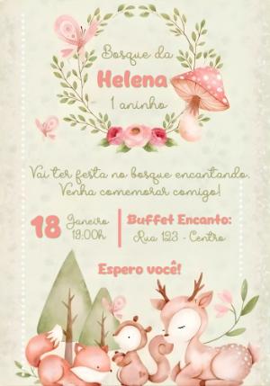 Convite de Aniversário Bosque Encantado Animais Aquarela Editável