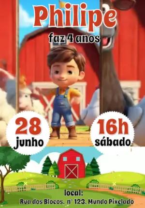 Convite Animado Aniversário Fazendinha para Editar Online