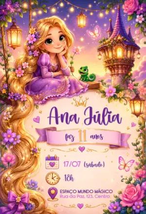 Convite de Aniversário Rapunzel Mágico para Editar