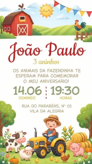 Convite de Aniversário Fazendinha Menino Modelo Editável