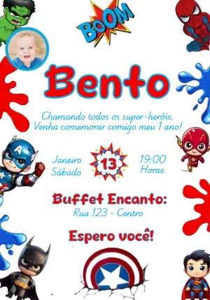 Convite de Aniversário Super-Heróis Infantil para Editar com Foto