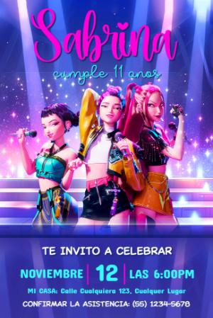 Invitación de Cumpleaños Las Guerreras K-Pop para Editar