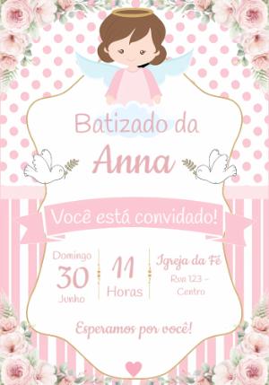 Convite de Batizado Anjinha Rosa para Editar Online