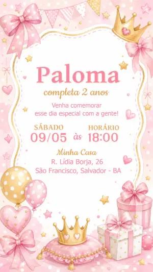Convite Aniversário Realeza Princesa Rosa e Dourado Editável
