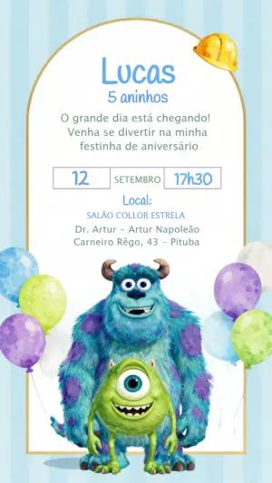 Convite de Aniversário Monstros S.A. Infantil para Editar