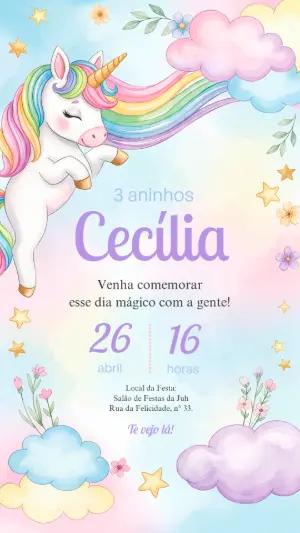 Convite de Aniversário Unicórnio Aquarela para Editar