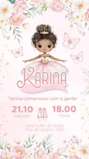 Convite de Aniversário Bailarina Negra com Flores para Editar