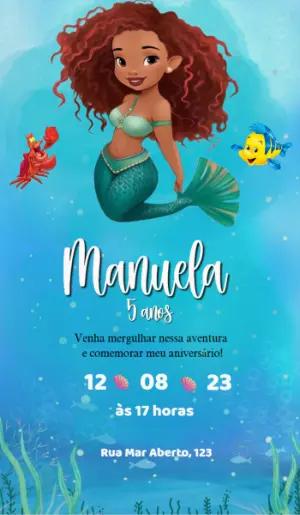 Convite Aniversário Pequena Sereia Ariel para Editar Online